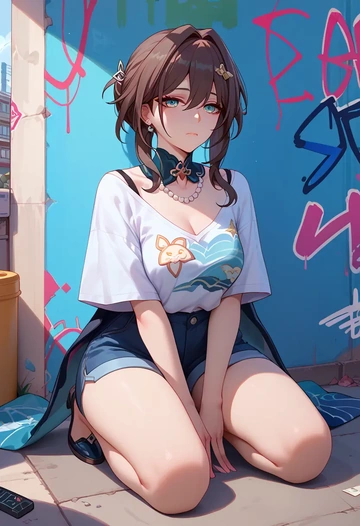 star rail,ruan mei,oversized graffiti shirt,dolphin shorts  - AI generated anime art